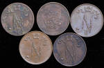 Набор из 10-ти медных монет 5 пенни (Финляндия)